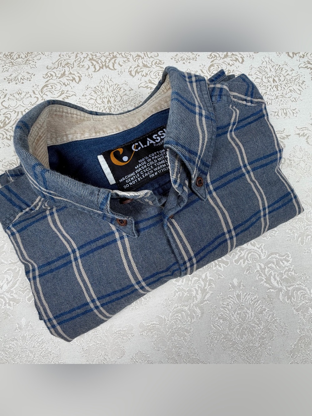 Classic Blue Plaid Button-Up Shirt, Corduroy Accents, 2XL, Cotton, Flannel